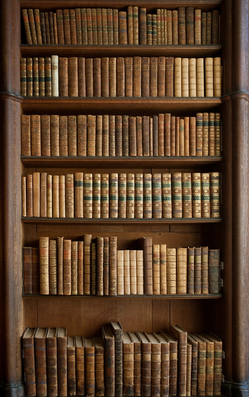 Antique leather-bound books on wooden library shelves
