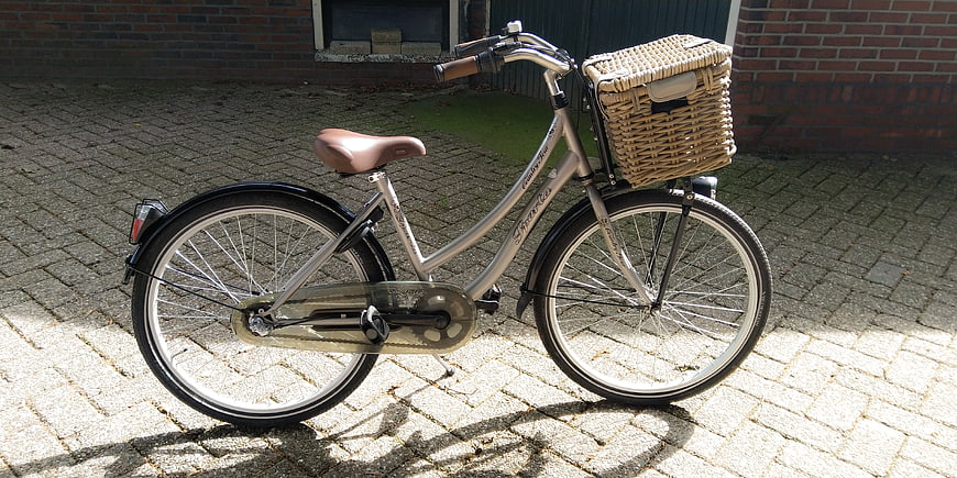Silver Vintage Bicycle with Wicker Basket on Paved Path