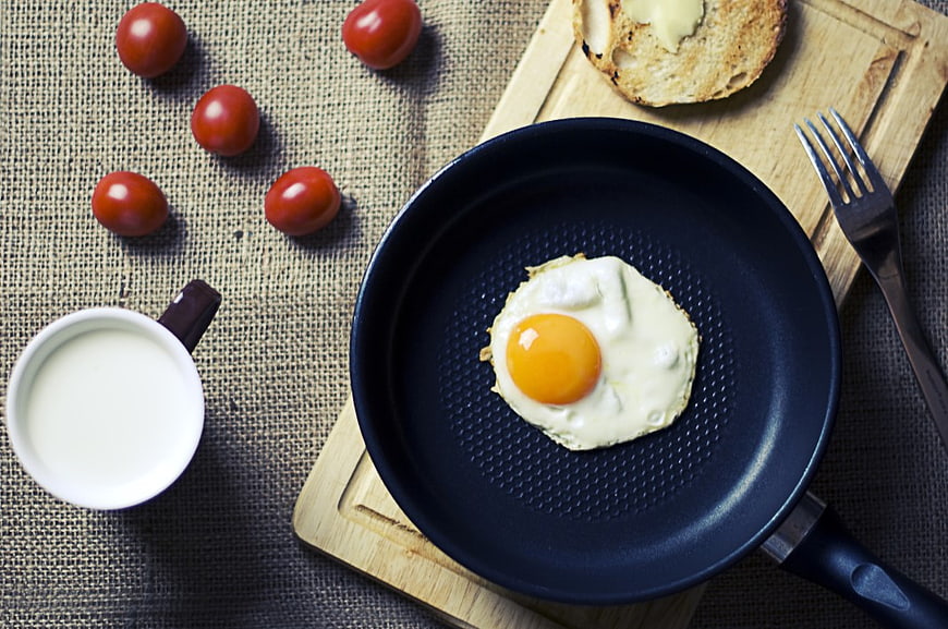 Top View of Fried Egg Breakfast with Toast and Milk