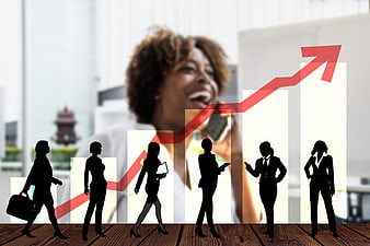 Businesswoman Silhouettes Walking On Bar Chart With Rising Red Arrow