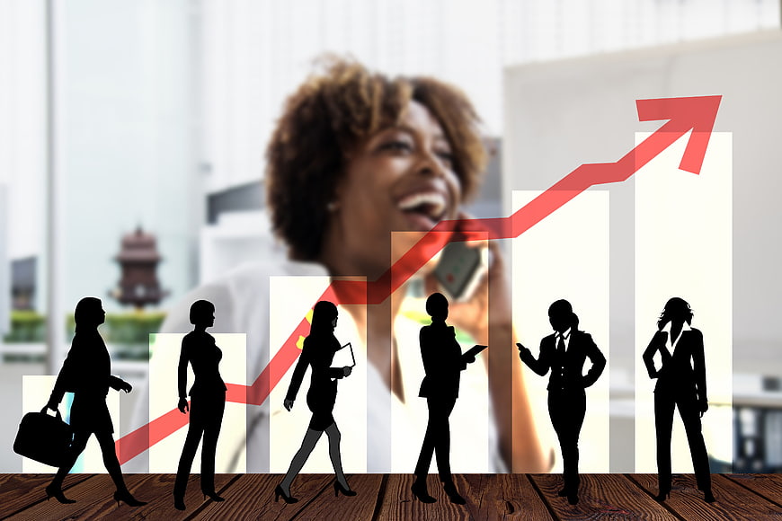 Businesswoman Silhouettes Walking On Bar Chart With Rising Red Arrow