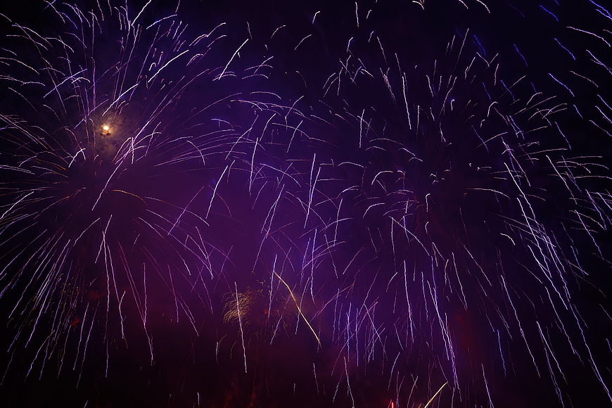 Purple Fireworks Exploding in Night Sky