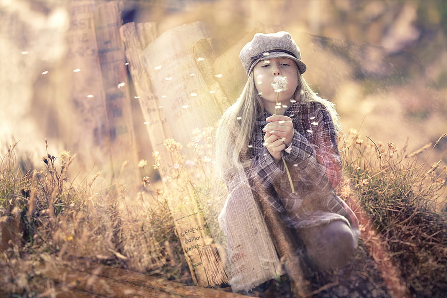 Girl Blowing Dandelion Seeds in Dreamy Autumn Field
