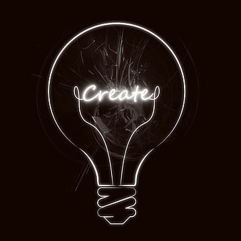 Neon lightbulb with word Create inside on black background