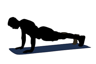 Black silhouette illustration of a man performing a push-up on a blue mat