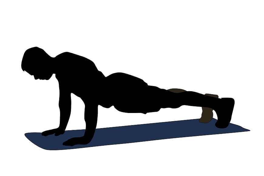Black silhouette illustration of a man performing a push-up on a blue mat