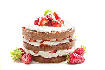 Layered Chocolate Strawberry Cream Cake on White Background
