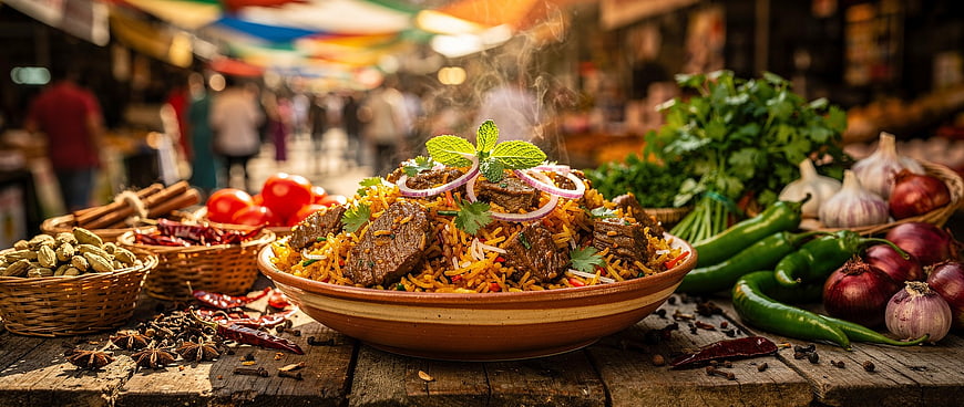 Steaming Beef Biryani with Spices and Fresh Herbs