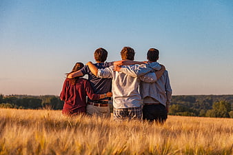 Four friends standing together in a golden wheat field at sunset