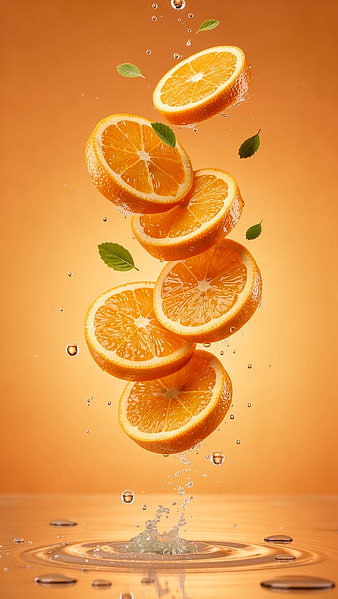 Fresh Orange Slices Splashing in Water with Mint Leaves