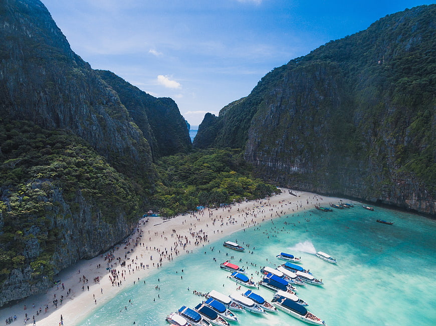 Aerial View of Maya Bay with Boats and Tourists