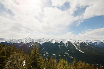 Snow-Capped Mountain Range with Pine Forest and Cloudy Sky