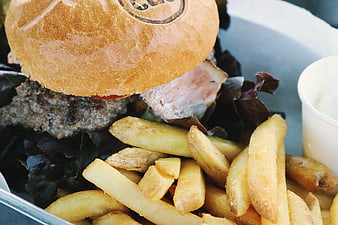 Close-up of Gourmet Burger with Thick Cut Fries