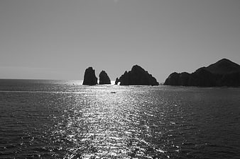 Black and white landscape of Cabo San Lucas rock formations