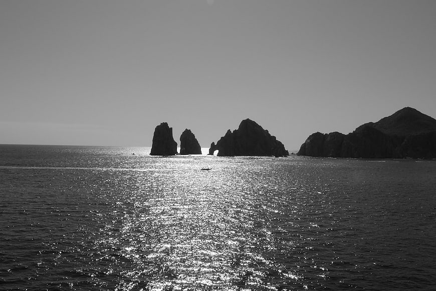 Black and white landscape of Cabo San Lucas rock formations