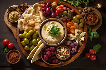 Overhead view of Mediterranean mezze platter with hummus, olives, and pita
