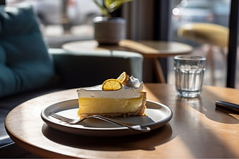 Lemon cheesecake slice on wooden table in cozy cafe