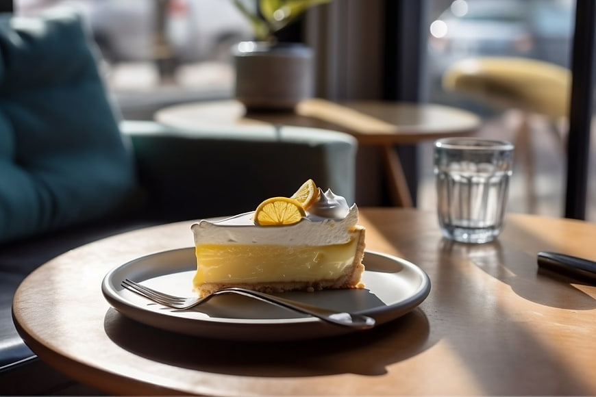 Lemon cheesecake slice on wooden table in cozy cafe