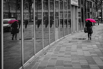 Woman with pink umbrella walking past glass building reflection