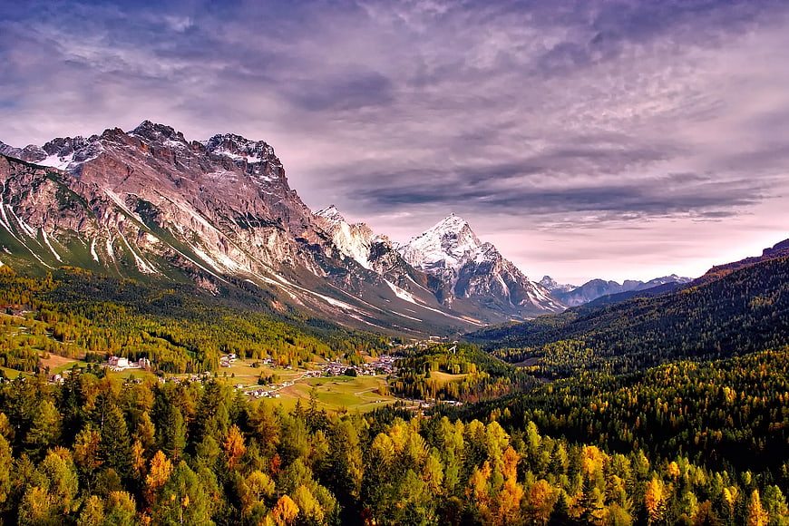 Autumn Dolomites Landscape with Golden Larch Forest