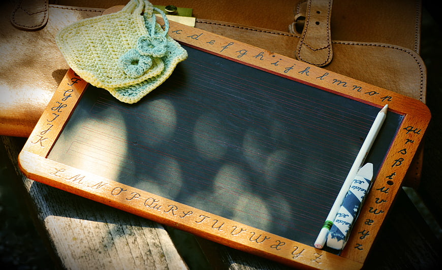 Vintage Wooden Blackboard with Chalk and Crochet Bag