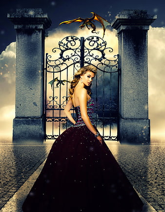 Fantasy woman in ball gown standing before dragon gate