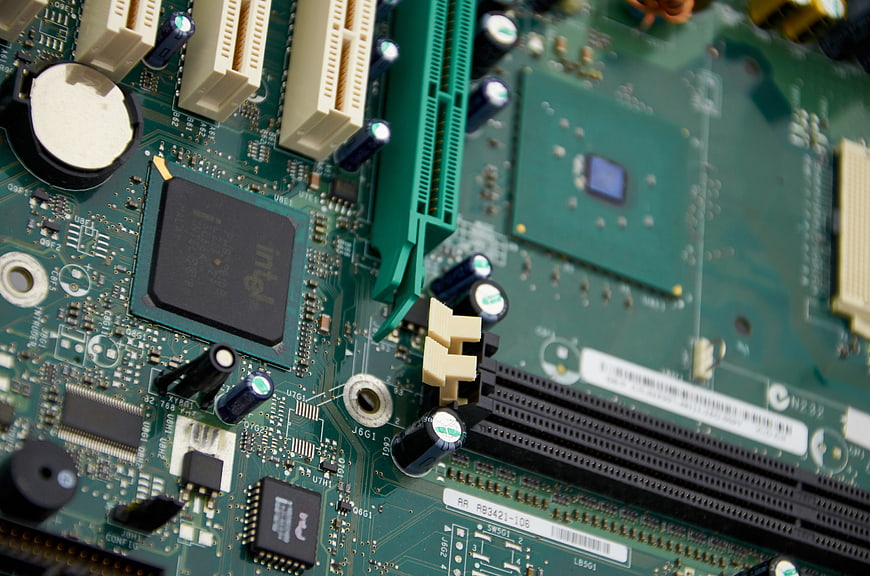 Close-up of green computer motherboard circuit board