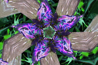 Abstract purple kaleidoscope flower pattern on wood