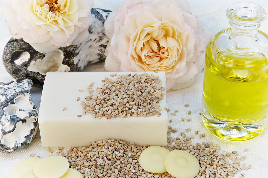 Handmade sesame soap with roses and oil