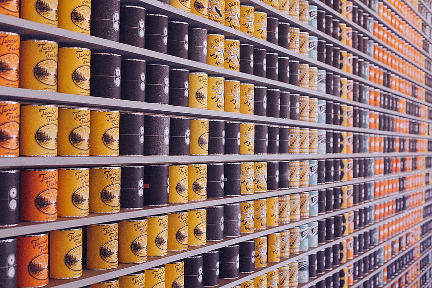 Vintage Canned Food Shelves in Retro Supermarket