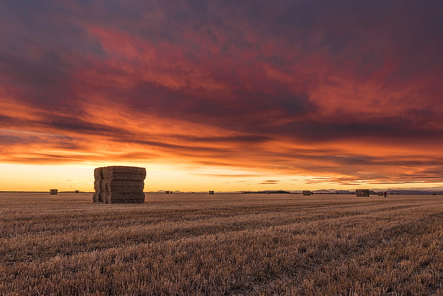 Dramatic sunset over harvested grain field with hay bales