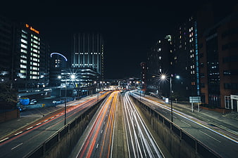 Long Exposure Night City Highway with Light Trails