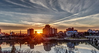 City Skyline Sunrise Reflection River