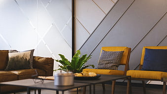 Modern Living Room Interior with Yellow Chairs and Leather Sofa