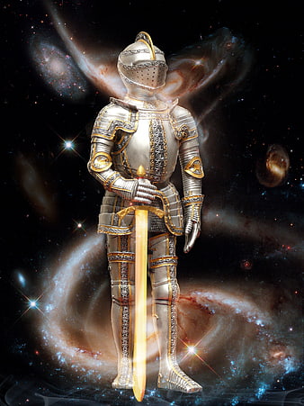 Medieval Knight in Silver Armor Holding Glowing Sword Against Cosmic Galaxy Background