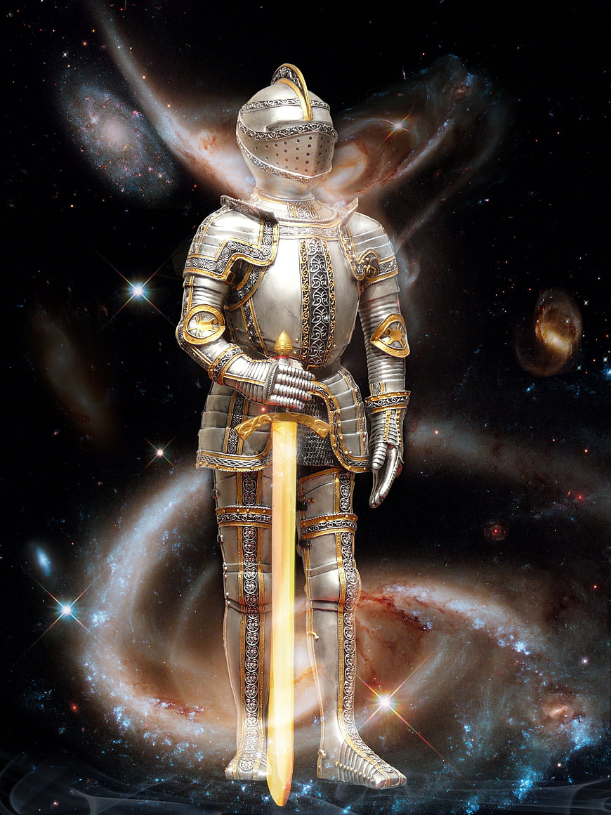 Medieval Knight in Silver Armor Holding Glowing Sword Against Cosmic Galaxy Background