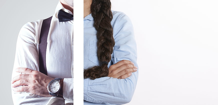 Split screen of man and woman with crossed arms