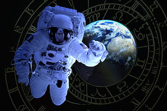 Astronaut Floating Near Earth With Astrological Zodiac Background