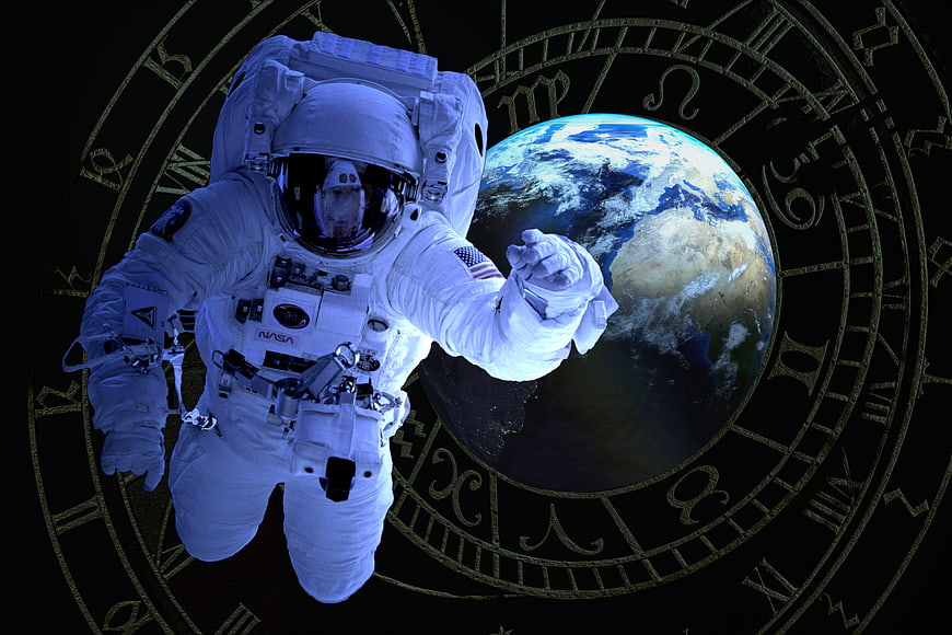 Astronaut Floating Near Earth With Astrological Zodiac Background