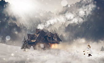 Magical winter scene with cozy cabin and girl playing in snow