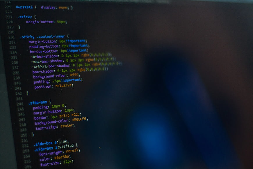 Close-up of CSS code on a computer monitor screen