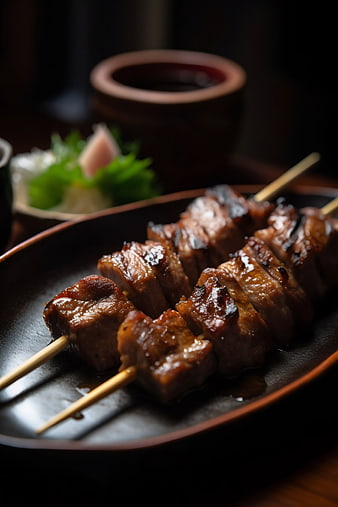 Grilled Beef Skewers on Dark Ceramic Plate