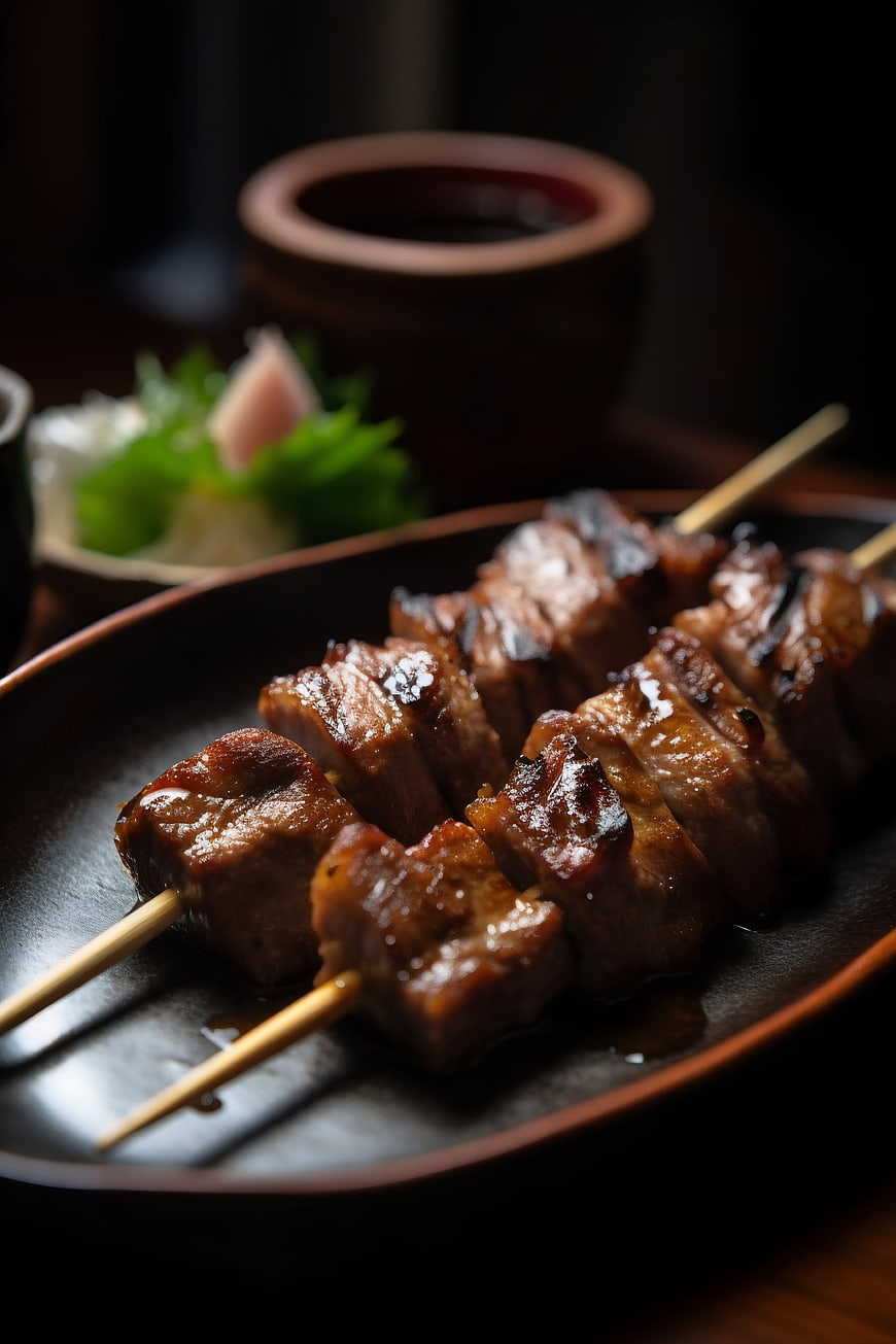 Grilled Beef Skewers on Dark Ceramic Plate
