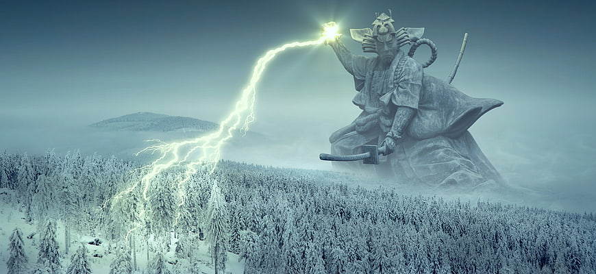 Giant Stone Samurai Statue Casting Lightning in Snowy Forest