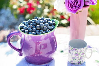 Purple pitcher of fresh blueberries with floral mug and roses