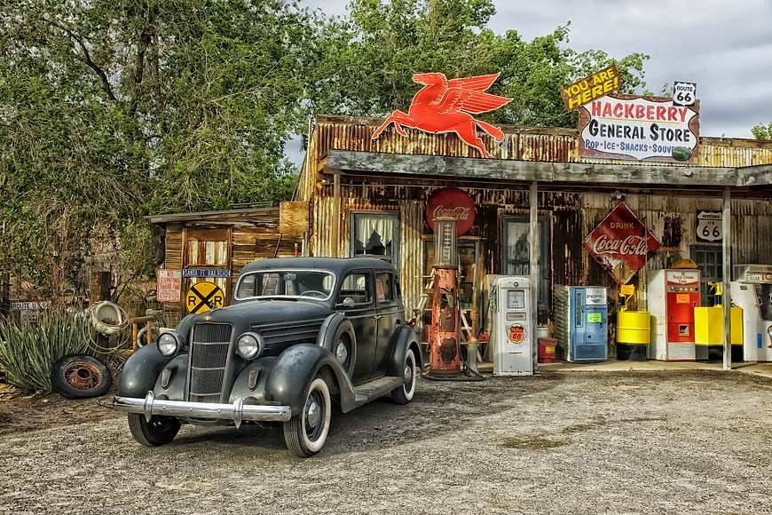 Vintage Classic Car Parked at Rustic Route 66 General Store