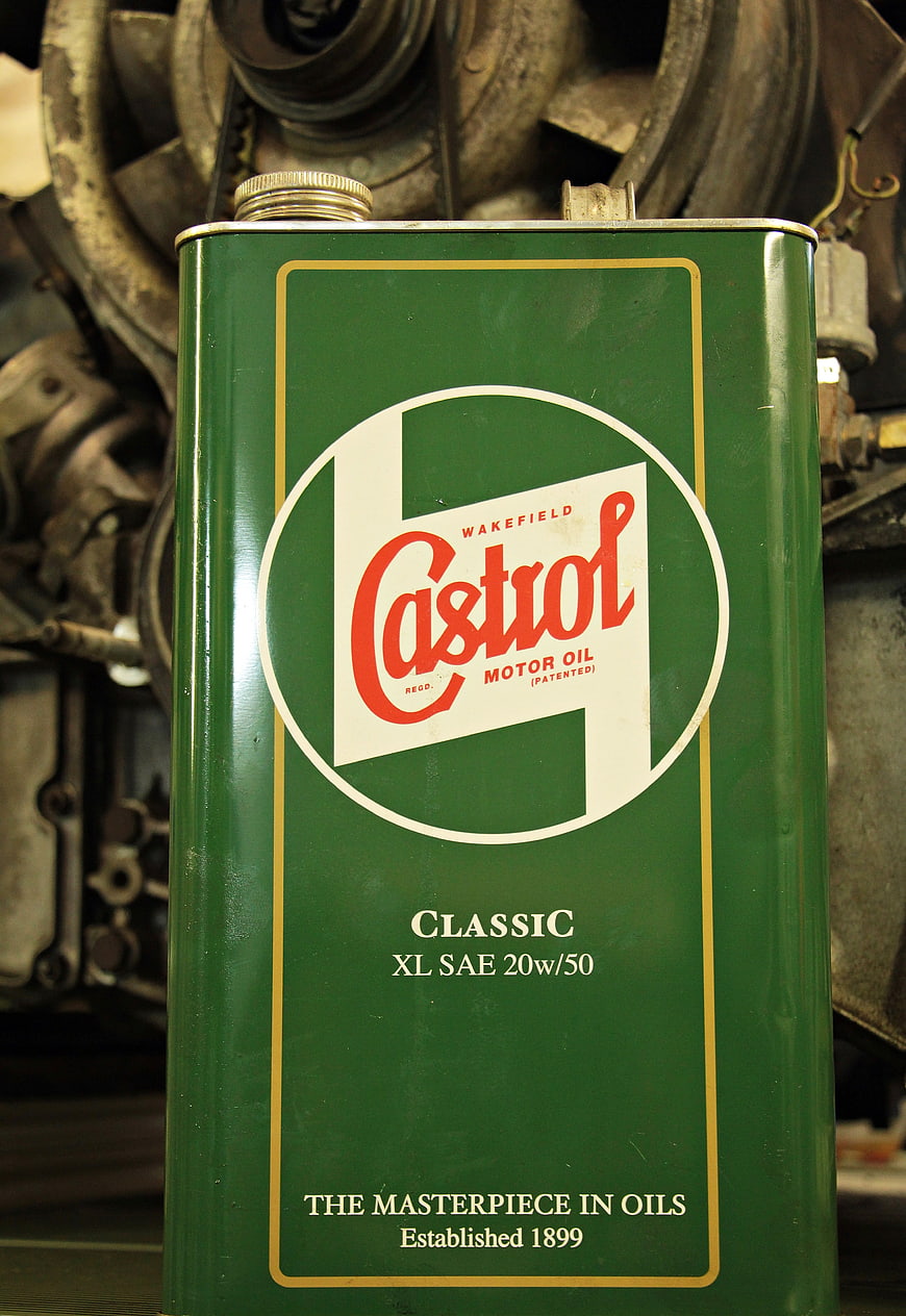 Vintage Castrol Motor Oil Can in Workshop