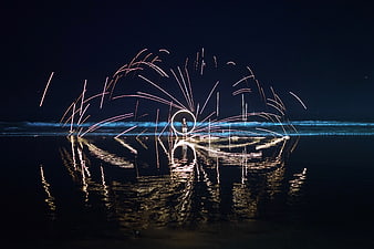 Long Exposure Steel Wool Fire Spinning on Night Beach