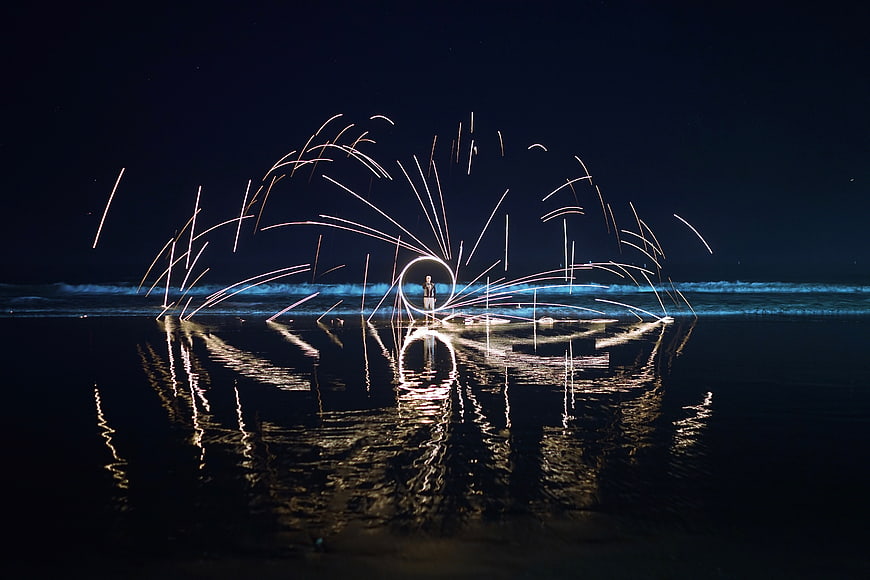 Long Exposure Steel Wool Fire Spinning on Night Beach
