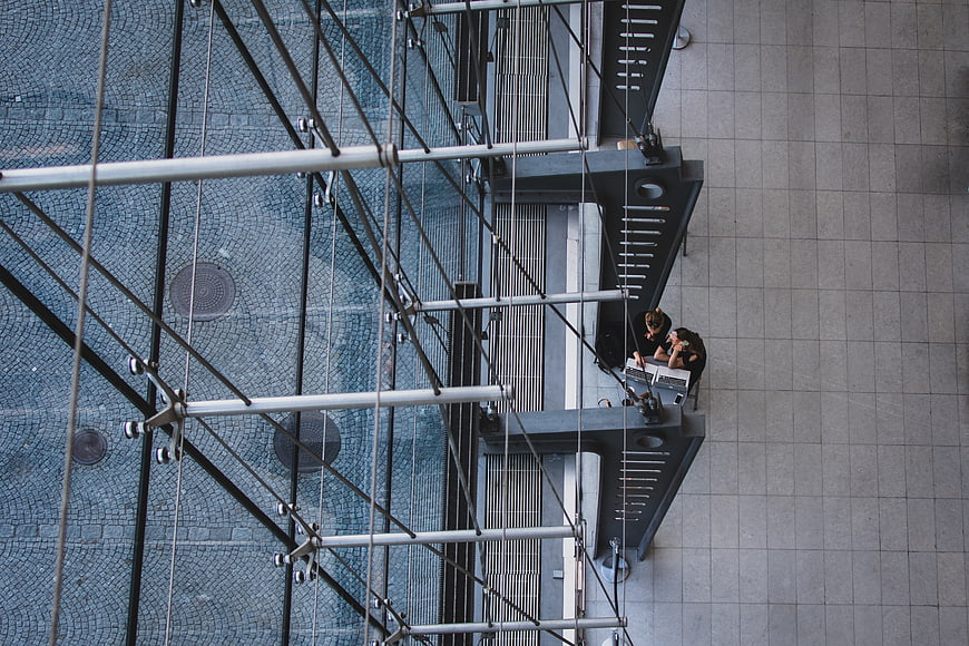 High angle view of musicians playing keyboards on urban balcony